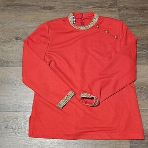 80s Vintage Brownstone Studio red long sleeve shirt w/gold ornamental trim